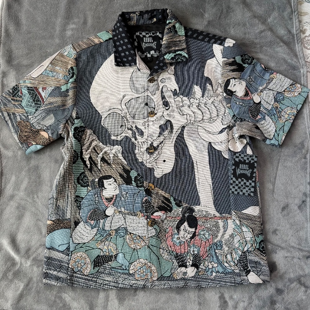 Rebel Vengeance All Over Print AOP Japanese Samurai Skull Jaket Shirt Size L